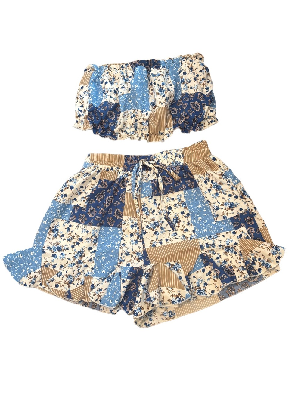 Patchwork Blue Floral Women’s Shorts Set